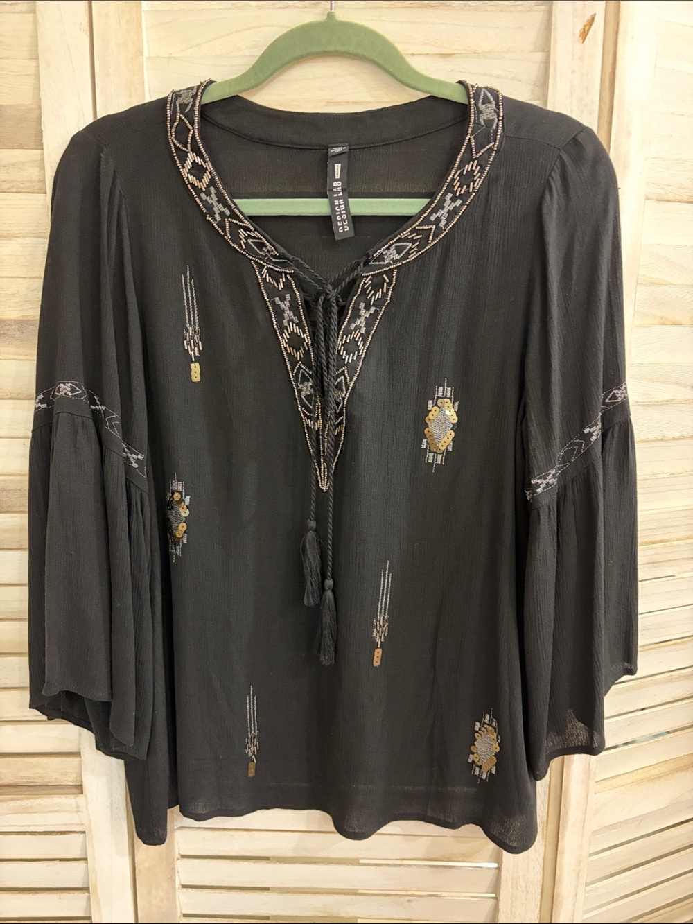 Casual Embroidered Black Boho Tunic Top